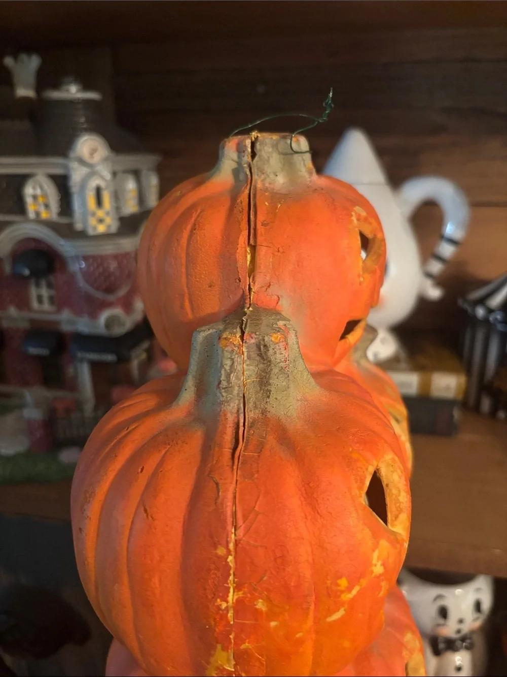 Trendmasters Lighted Foam Blow Mold Stacked Pumpkin Jack O'Lanterns 18”H 1990s